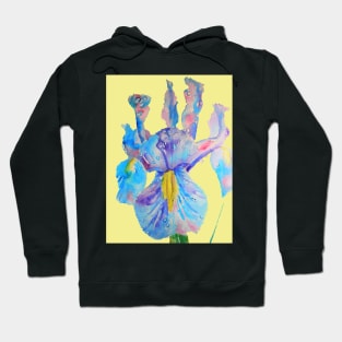 Iris Watercolor Painting - Blue with Raindrops - on Lemon Yellow Hoodie